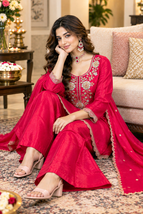 Pink Silk Blend with Inner Embroidered Beads Work Straight Kurta & Pant With Dupatta