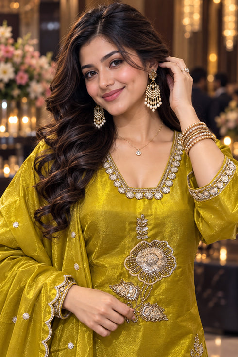 Yellow Silk Blend with Inner Embroidered Beads Work Straight Kurta & Pant With Dupatta