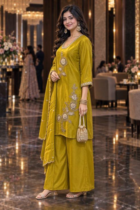Yellow Silk Blend with Inner Embroidered Beads Work Straight Kurta & Pant With Dupatta