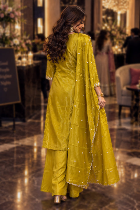 Yellow Silk Blend with Inner Embroidered Beads Work Straight Kurta & Pant With Dupatta