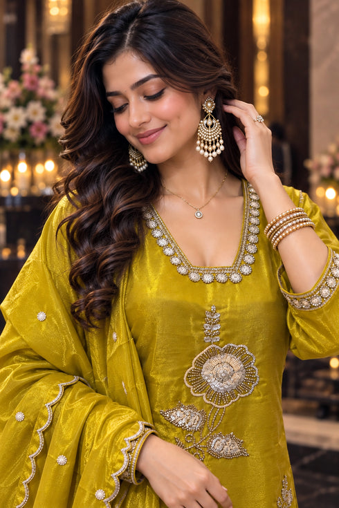 Yellow Silk Blend with Inner Embroidered Beads Work Straight Kurta & Pant With Dupatta