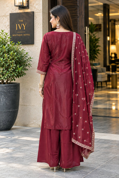 Maroon Silk Blend with Inner Embroidered Beads Work Straight Kurta & Pant With Dupatta