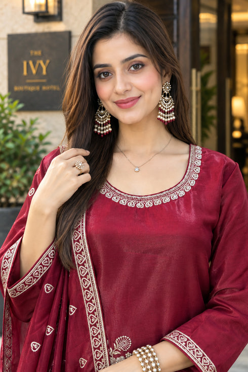 Maroon Silk Blend with Inner Embroidered Beads Work Straight Kurta & Pant With Dupatta
