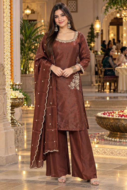 Brown Silk Blend with Inner Embroidered Beads Work Straight Kurta & Pant With Dupatta