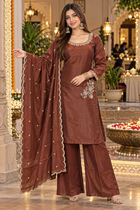 Brown Silk Blend with Inner Embroidered Beads Work Straight Kurta & Pant With Dupatta