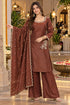 Brown Silk Blend with Inner Embroidered Beads Work Straight Kurta & Pant With Dupatta