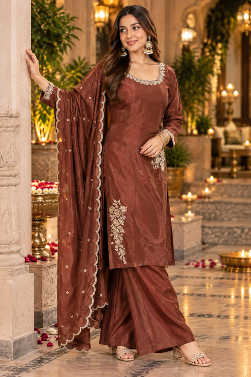 Brown Silk Blend with Inner Embroidered Beads Work Straight Kurta & Pant With Dupatta