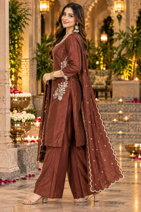 Brown Silk Blend with Inner Embroidered Beads Work Straight Kurta & Pant With Dupatta