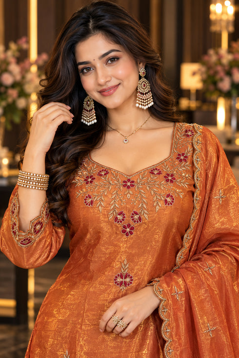 Peach Silk Blend with Inner Embroidered Straight Kurta & Pant With Dupatta