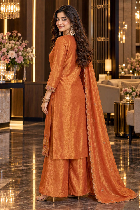 Peach Silk Blend with Inner Embroidered Straight Kurta & Pant With Dupatta