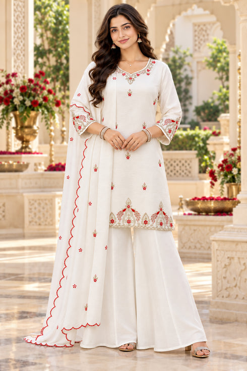 White Silk Blend with Inner Embroidered Straight Kurta & Palazzo With Dupatta