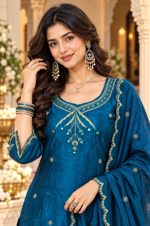 Teal Blue Silk Blend with Inner Embroidered Straight Kurta & Pant With Dupatta