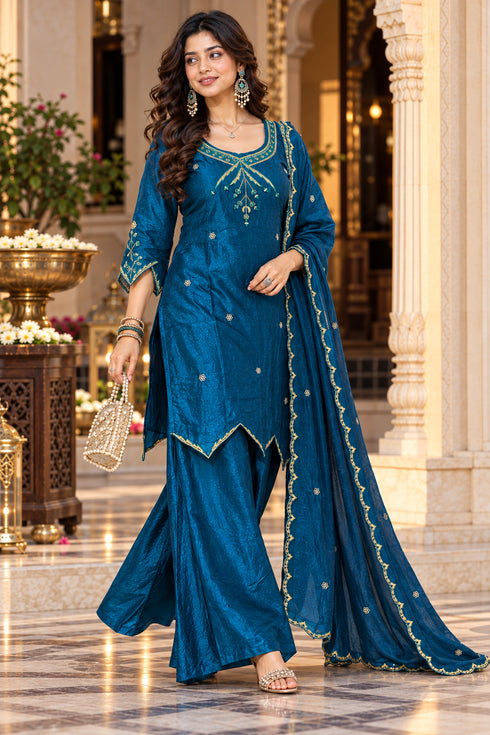 Teal Blue Silk Blend with Inner Embroidered Straight Kurta & Pant With Dupatta