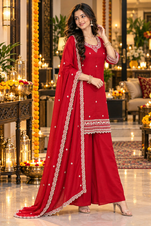 Red Silk Blend with Inner Embroidered Straight Kurta & Pant With Dupatta