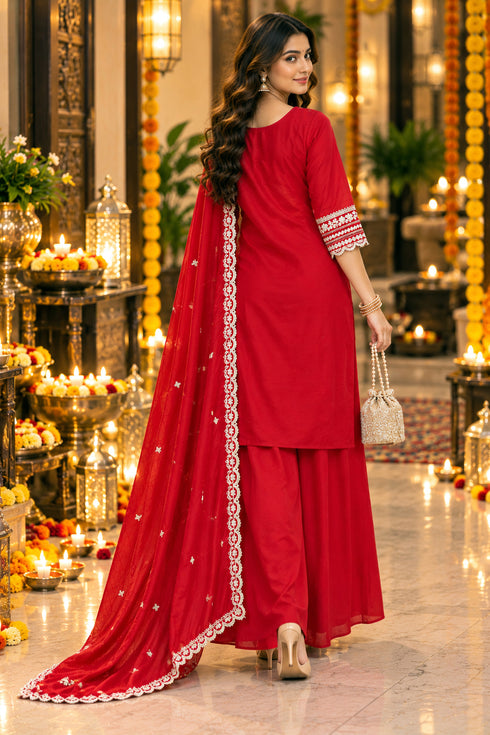 Red Silk Blend with Inner Embroidered Straight Kurta & Pant With Dupatta