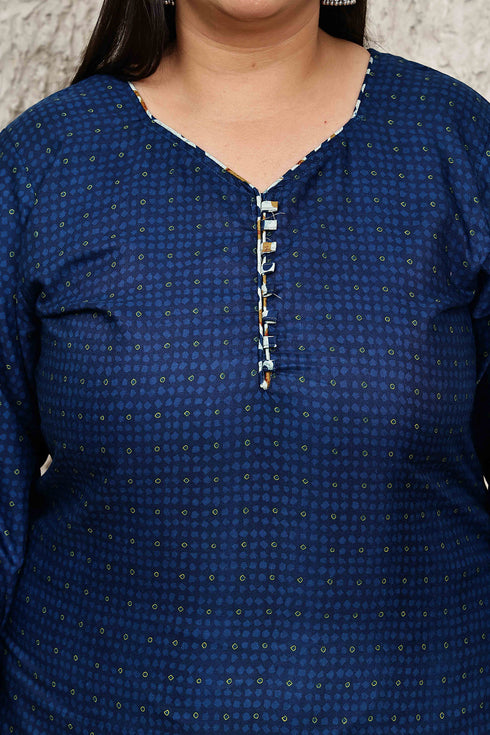 Royal Blue Cotton Blend Printed Plus Size Readymade Patiala Salwar Suit