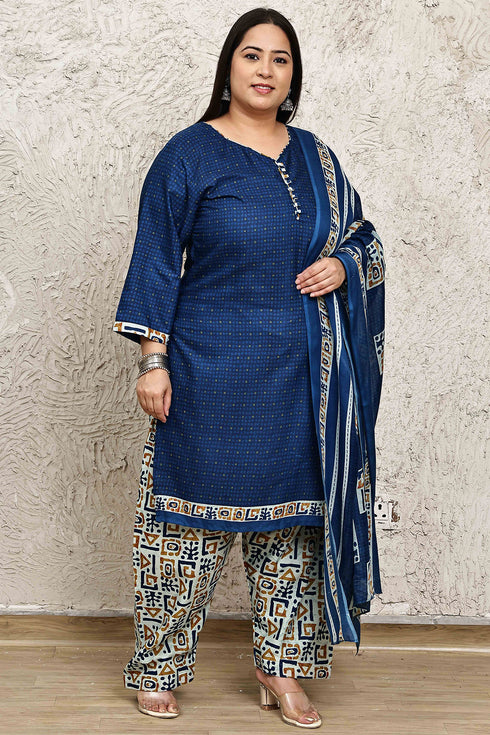 Royal Blue Cotton Blend Printed Plus Size Readymade Patiala Salwar Suit