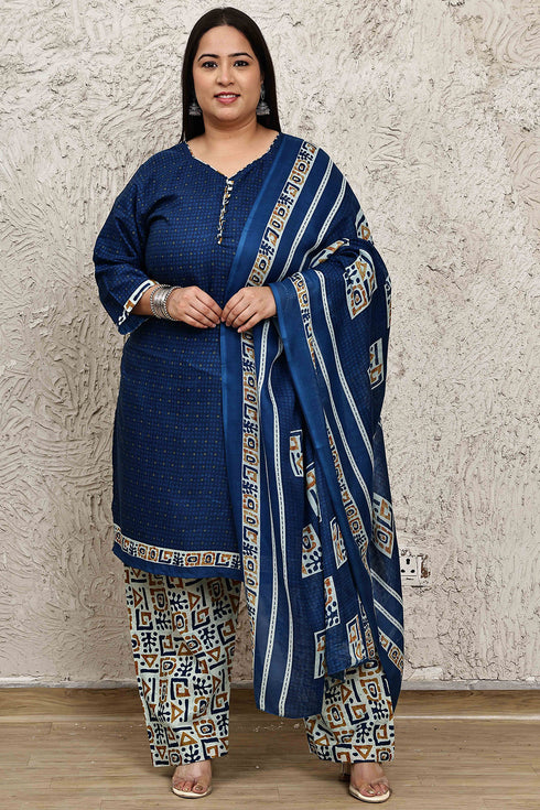 Royal Blue Cotton Blend Printed Plus Size Readymade Patiala Salwar Suit