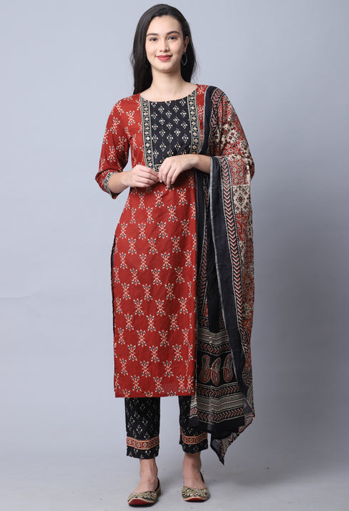 Brown & Black Pure Cambric Cotton Jaipuri Printed Kurta Set With Dupatta