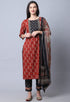 Brown & Black Pure Cambric Cotton Jaipuri Printed Kurta Set With Dupatta
