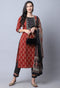 Brown & Black Pure Cambric Cotton Jaipuri Printed Kurta Set With Dupatta