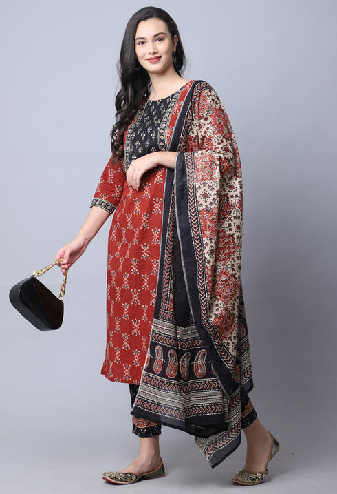Brown & Black Pure Cambric Cotton Jaipuri Printed Kurta Set With Dupatta