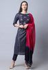 Navy Blue Pure Cambric Cotton Embellished Kurta Set With Dupatta