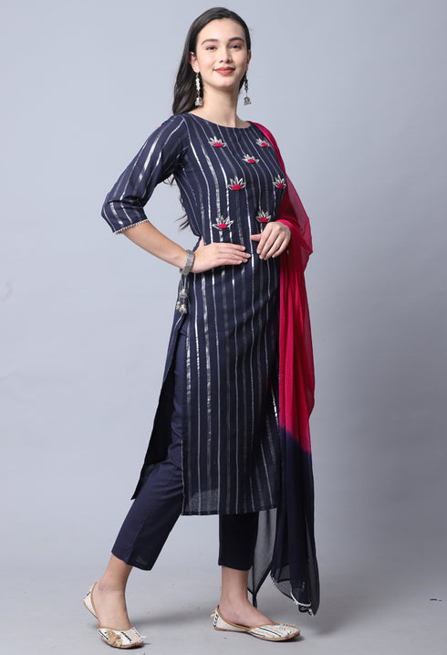 Navy Blue Pure Cambric Cotton Embellished Kurta Set With Dupatta