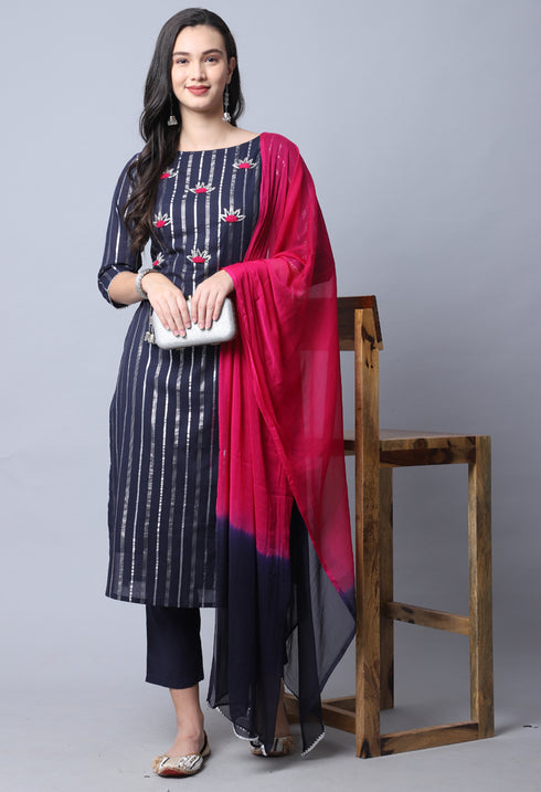 Navy Blue Pure Cambric Cotton Embellished Kurta Set With Dupatta