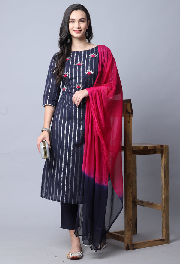 Navy Blue Pure Cambric Cotton Embellished Kurta Set With Dupatta