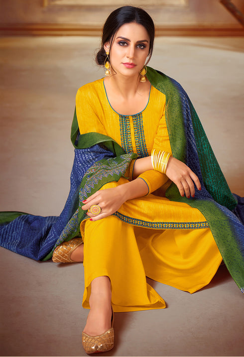 Yellow Pure Jam Silk Cotton Embroidered Salwar Suit Material