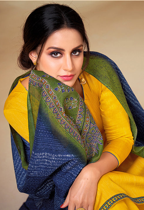 Yellow Pure Jam Silk Cotton Embroidered Salwar Suit Material