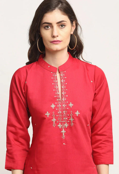 Red Chanderi Floral Embroidered Kurta Set With Dupatta