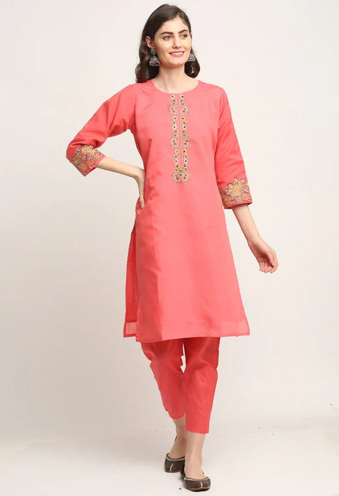 Pink Chanderi Floral Embroidered Kurta Set With Dupatta