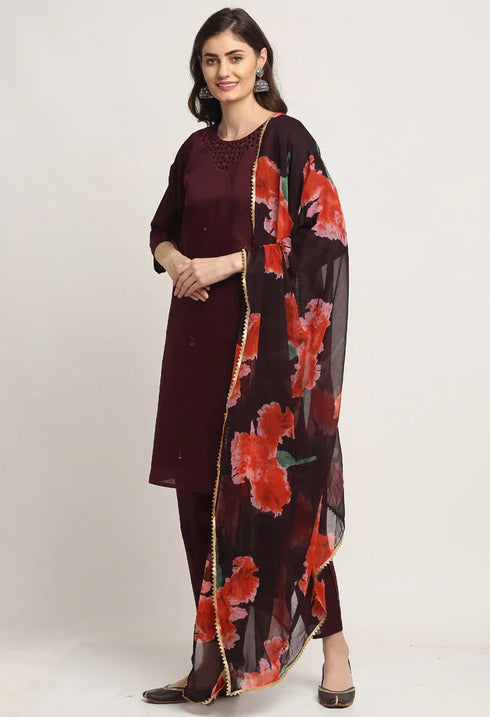 Wine Chanderi Floral Embroidered Kurta Set With Dupatta