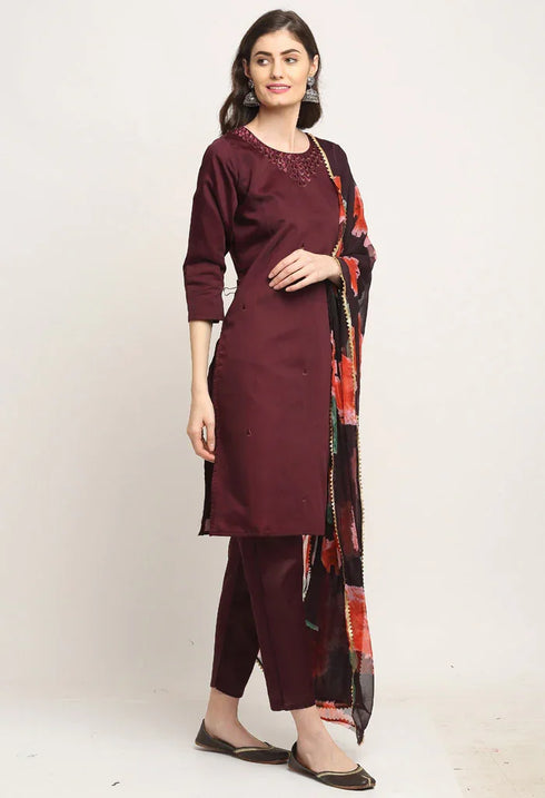 Wine Chanderi Floral Embroidered Kurta Set With Dupatta