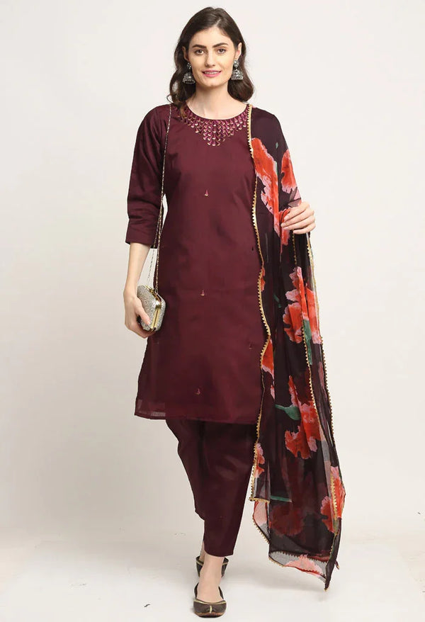 Wine Chanderi Floral Embroidered Kurta Set With Dupatta