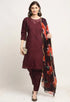 Wine Chanderi Floral Embroidered Kurta Set With Dupatta