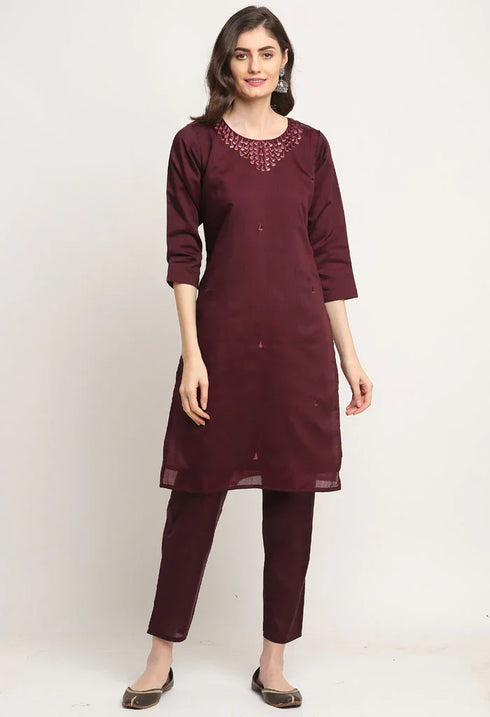 Wine Chanderi Floral Embroidered Kurta Set With Dupatta