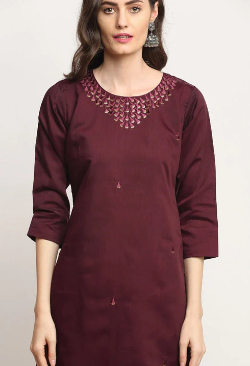 Wine Chanderi Floral Embroidered Kurta Set With Dupatta