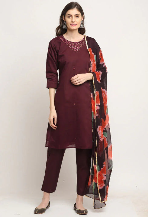 Wine Chanderi Floral Embroidered Kurta Set With Dupatta