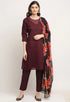 Wine Chanderi Floral Embroidered Kurta Set With Dupatta
