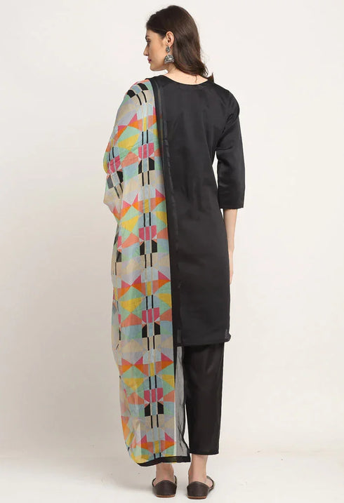 Black Chanderi Floral Embroidered Kurta Set With Dupatta