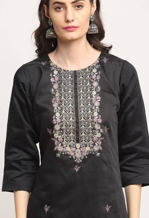 Black Chanderi Floral Embroidered Kurta Set With Dupatta