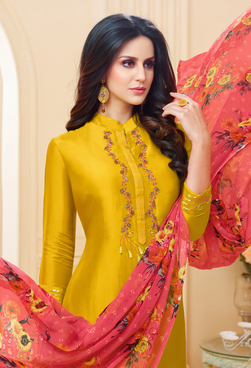 Mustard Chanderi Silk Embroidered Salwar Suit Material