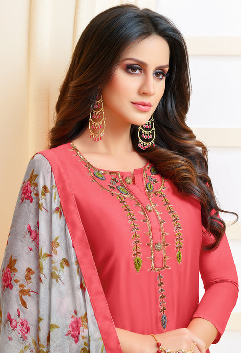 Pink Chanderi Silk Embroidered Salwar Suit Material