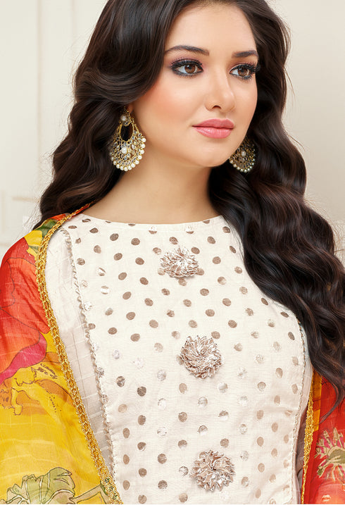 Off White Chanderi Silk Embroidered Salwar Suit Material
