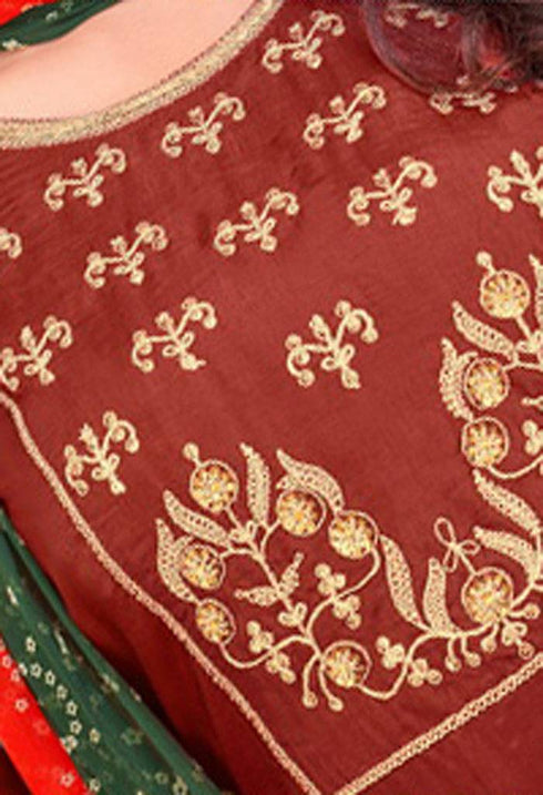 Brown Chanderi Silk Embroidered Salwar Suit Material