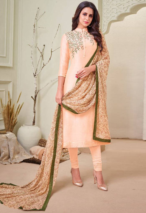 Beige Chanderi Silk Embroidered Salwar Suit Material - Rajnandini