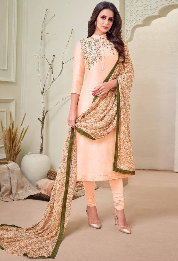 Beige Chanderi Silk Embroidered Salwar Suit Material - Rajnandini